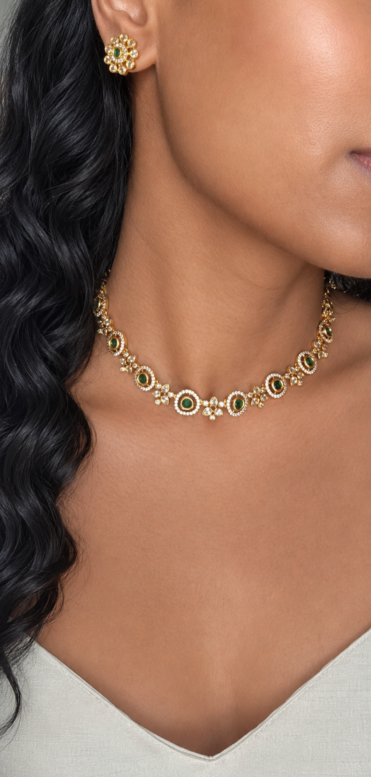 Emerald Halo White Stone Choker Set