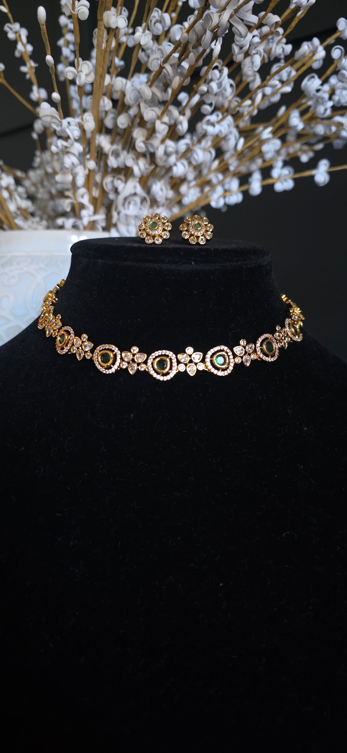 Emerald Halo White Stone Choker Set