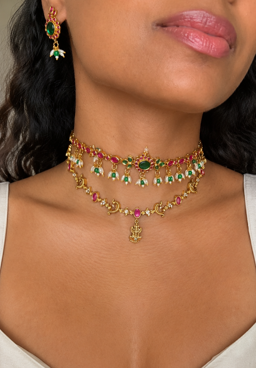 Lakshmi Emerald Layered Necklace Combo